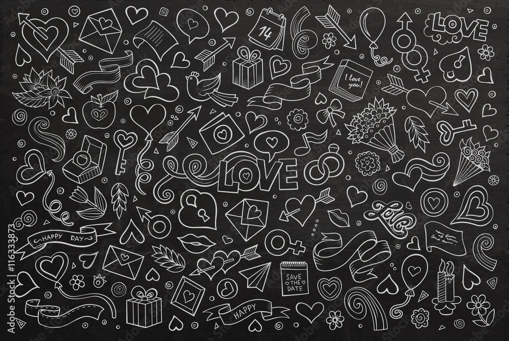 Chalkboard vector hand drawn doodles cartoon set of Love
