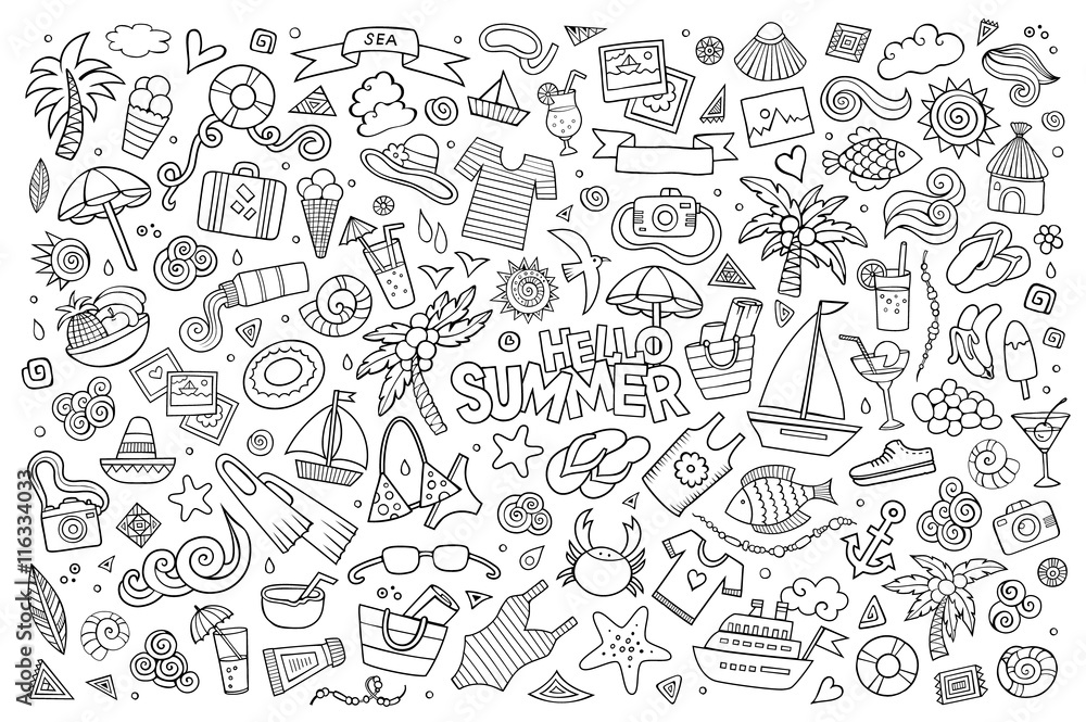 Summer beach hand drawn vector symbols and objects