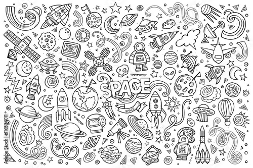 Sketchy vector hand drawn doodles cartoon set of Space objects