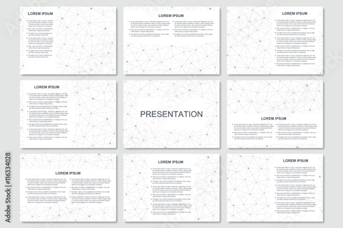 Set of modern business presentation templates in A4 size. Connection structure. Abstract background with molecule DNA and neurons