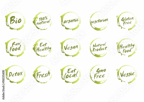Set of Healthy Food Symbols. Vector Bio, Natural, Organic, Vegetarian, Gluten Free, Raw , Eat , Vegan,  Product, Detox, Fresh