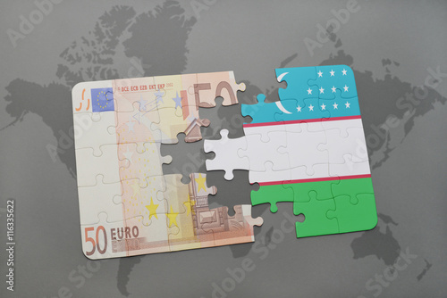puzzle with the national flag of uzbekistan and euro banknote on a world map background.