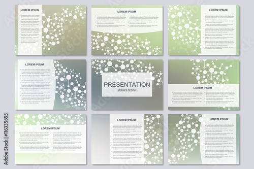 Set of modern business presentation templates in A4 size. Connection structure. Abstract background with molecule DNA and neurons
