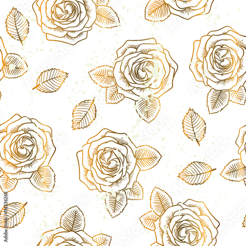 Seamless gold rose pattern on white background