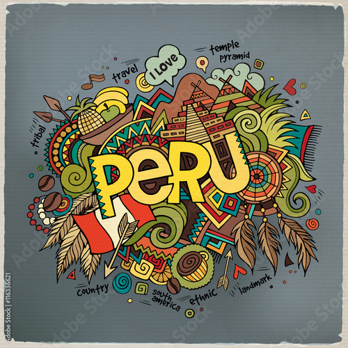 Peru hand lettering and doodles elements background.