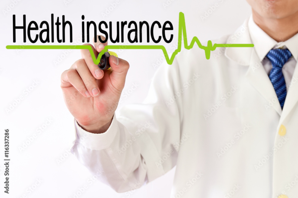 Blurred Doctor writing Health insurance text concept Blurred Doctor writing Health insurance text concept