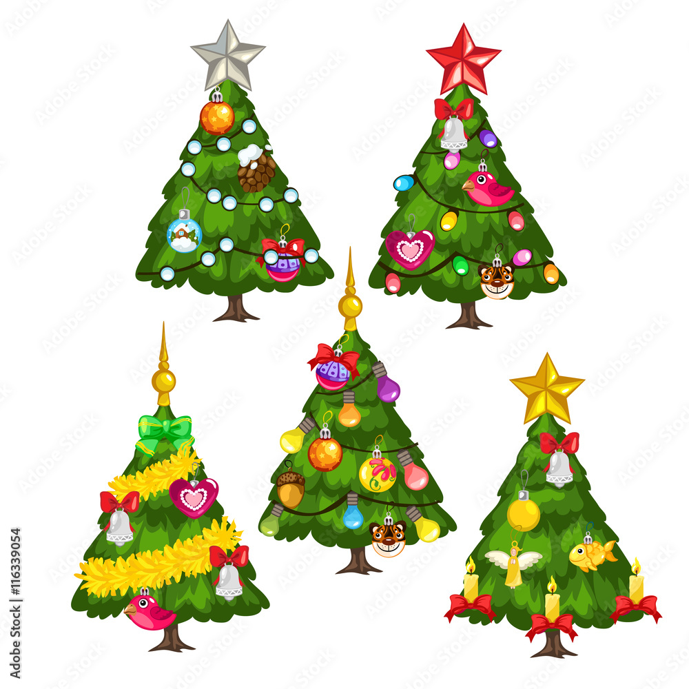 Five green Christmas trees on white background