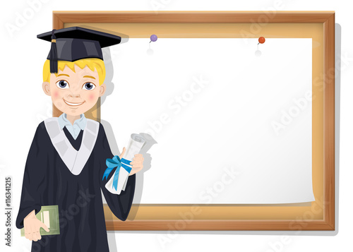 Graduate boy and cork board with paper
