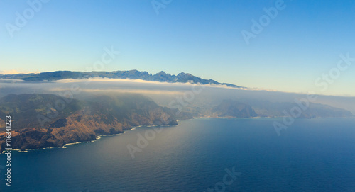 Beautiful aerial view from the plane before landing over Funchal city on Madeira island, Portugal
