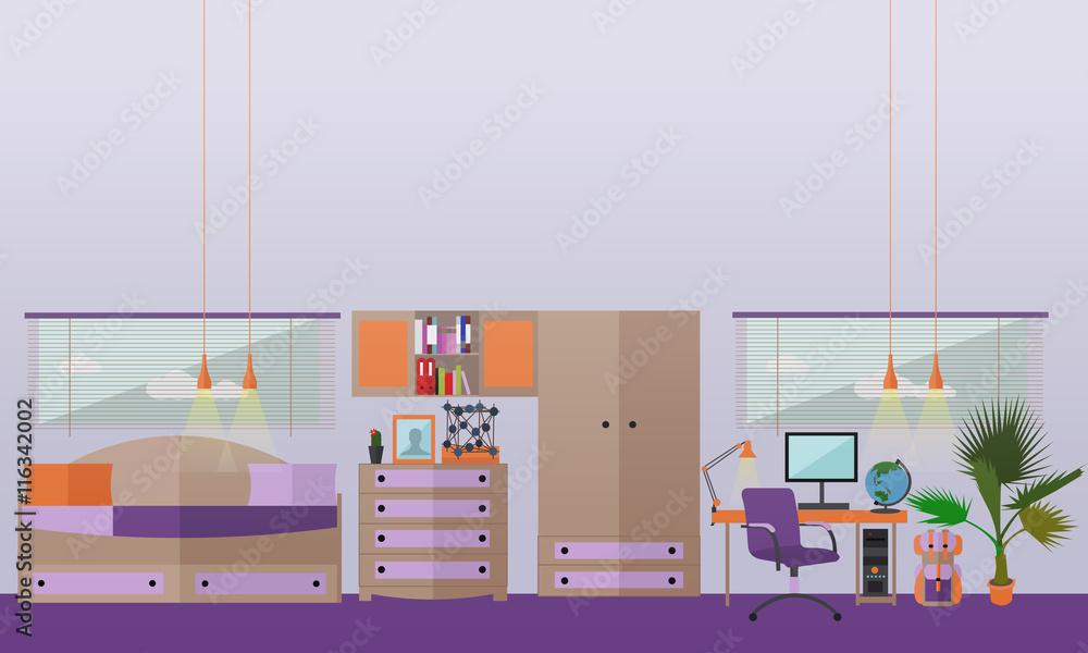 Teenager bedroom interior objects in flat style. Vector illustration. House room design elements and icons