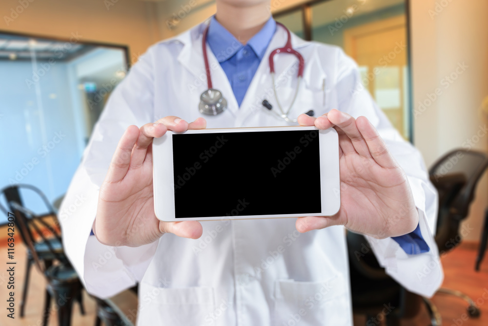 Doctor hands showing smart phone screen in the waiting room Doctor hands showing smart phone screen in the waiting room