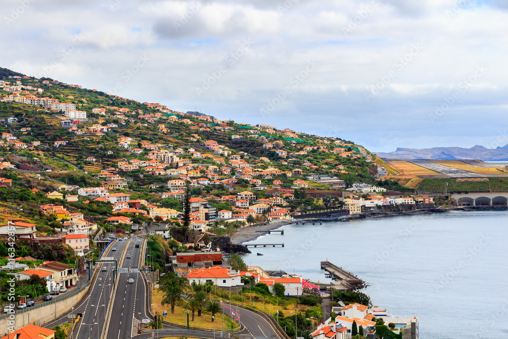 Coastline Madeira with Highway along Santa Cruz and a view at the airport, Madeira, Portugal