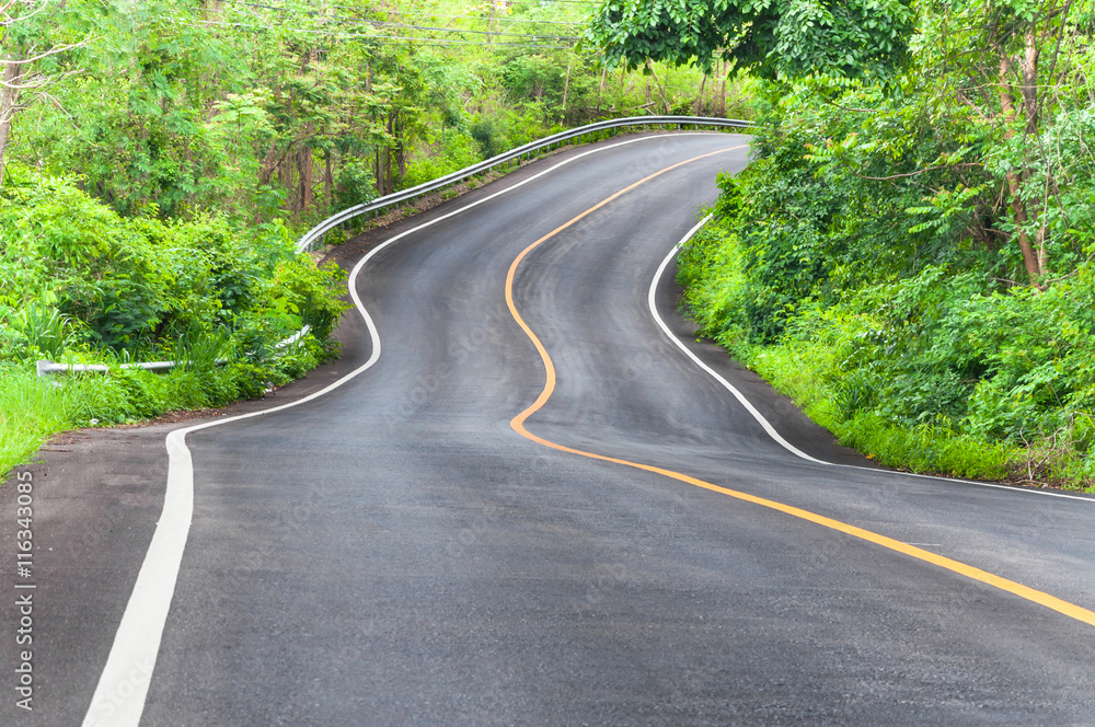 Countryside road with trees on both sides,Curve of the road