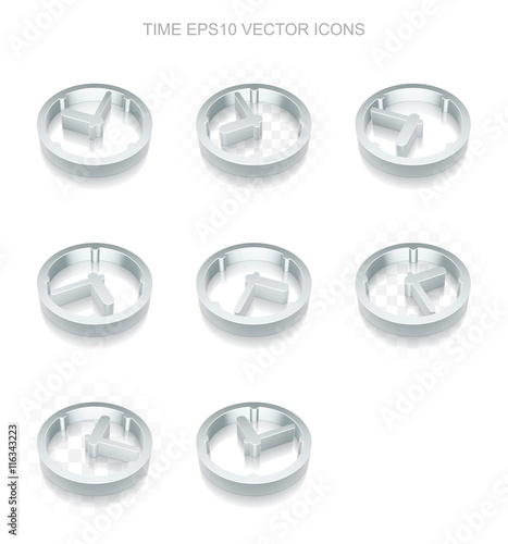Timeline icons set: different views of metallic Clock, transparent shadow, EPS 10 vector.
