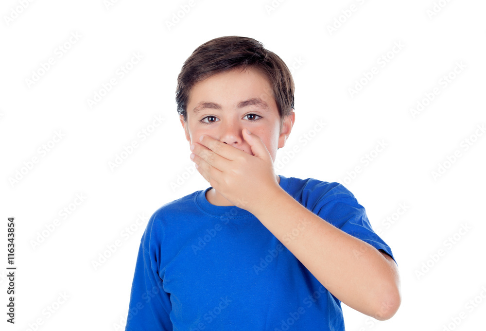 Little boy with ten years old covering his mouth Little boy with ten years old covering his mouth
