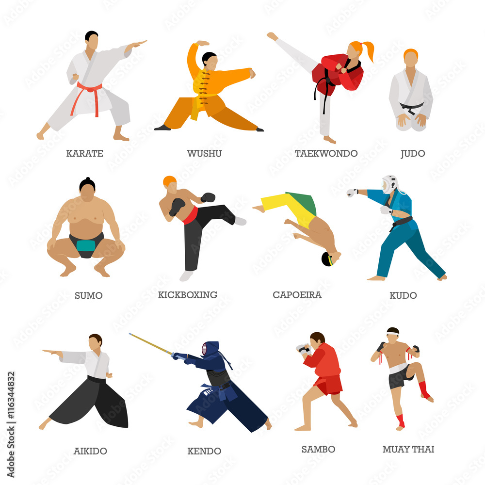 Vector set of martial arts people silhouette isolated on white background.  Sport fighters positions. Stock Vector