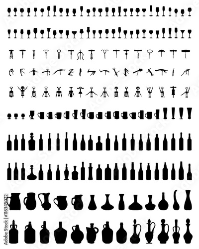 Black silhouettes of bowls, bottles, glasses and corkscrew, vector