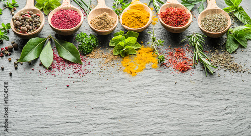 Fototapeta Naklejka Na Ścianę i Meble -  Assortment of colorful spices in the wooden spoons.