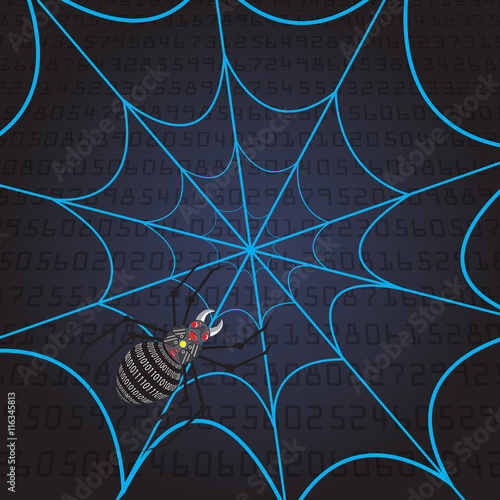 Spider and spider web concept of data hacking on digital social