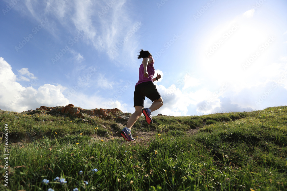 healthy young woman trail runner running on beautiful mountain peak healthy young woman trail runner running on beautiful mountain peak