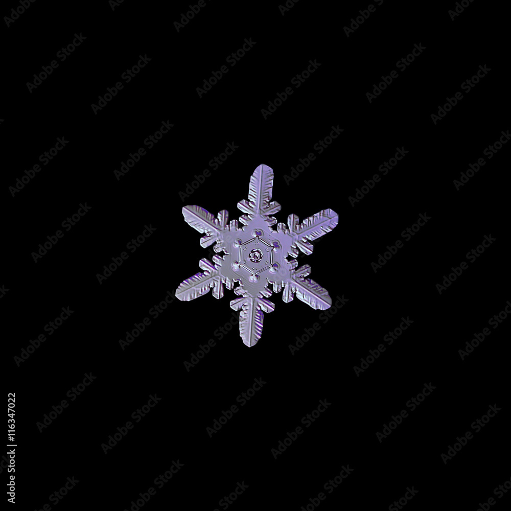 Snowflake isolated on black background: macro photo of real snow crystal, captured on glass. This snowflake contains unusual and rare pattern of heart-shaped elements, connected to central hexagon. Snowflake isolated on black background: macro photo of real snow crystal, captured on glass. This snowflake contains unusual and rare pattern of heart-shaped elements, connected to central hexagon.