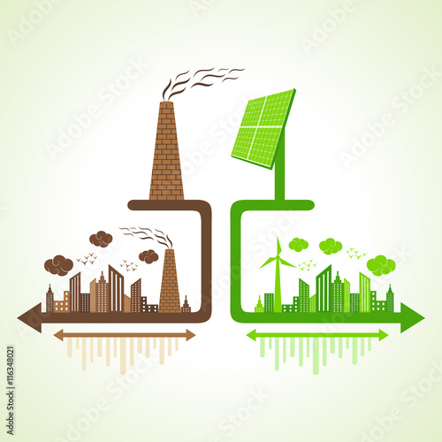 Eco and polluted city concept with solar panel and chimney stock vector