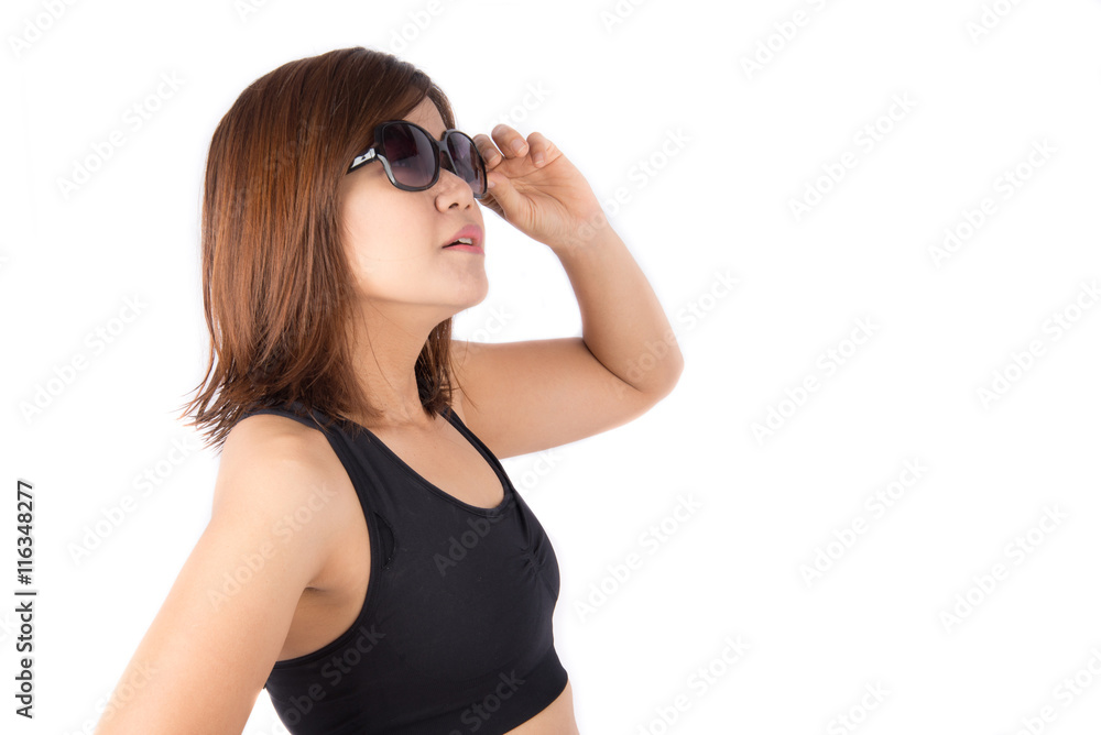 Asian woman wearing sun glasses for summer time with happy face on white background