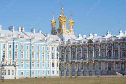 View on the domes of the resurrection Church of the Catherine Palace, sunny april day. Tsarskoye Selo