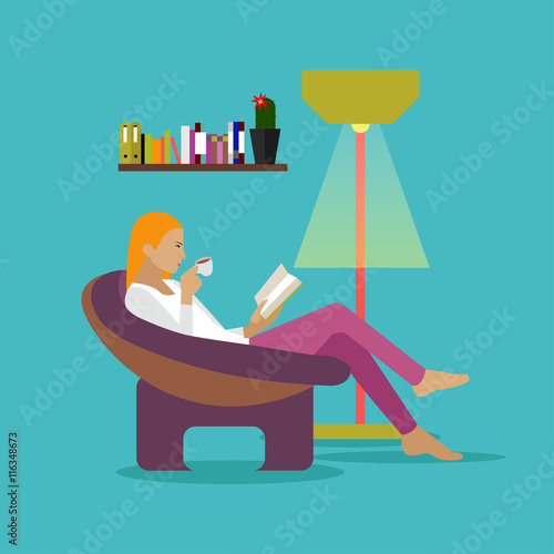 Young woman at home sitting on modern chair, reading book and drinking coffee. Vector illustration in flat style design