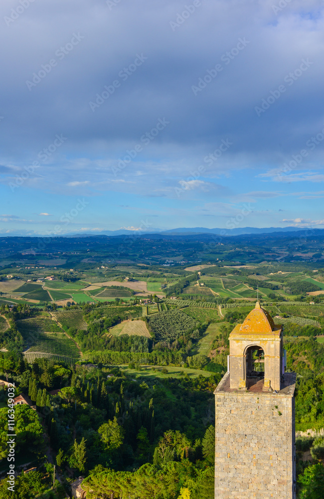 San Gimignano, Italy, is a small walled medieval hill town in the province of Siena, Tuscany. Known as the Town of Fine Towers, is famous for its medieval architecture.