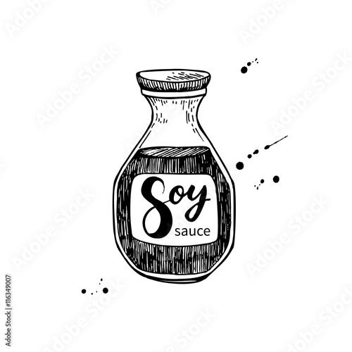 Soy sauce vector bottle. Isolated food drawing.