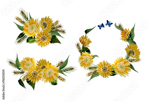 Illustration of Collection of yellow sunflowers and wheat ears