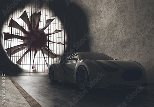 3D illustration, concept car without reference based on real vehicles inside of windtunnel.