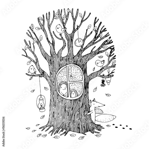 Autumn tree, hedgehog, fox and birds.