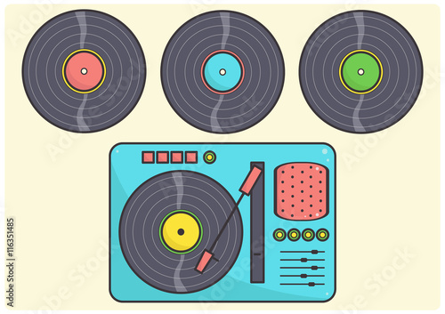 Blue record player with vinyl records