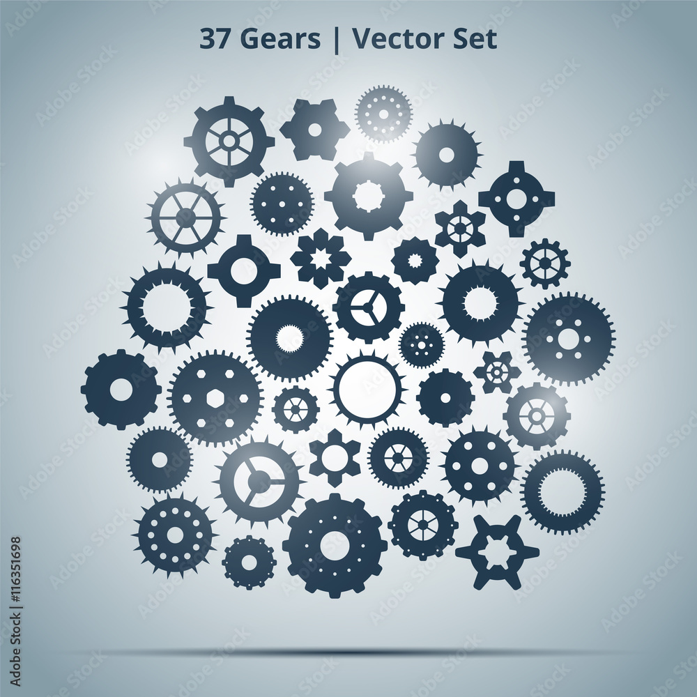 Vector set of 37 blue gears on light background with lights Vector set of 37 blue gears on light background with lights