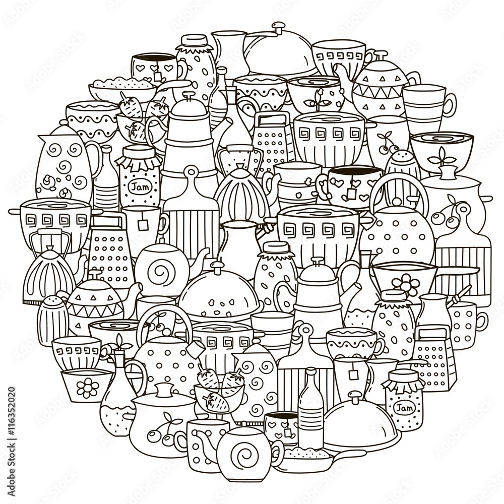 Circle shape pattern with dishes for coloring book