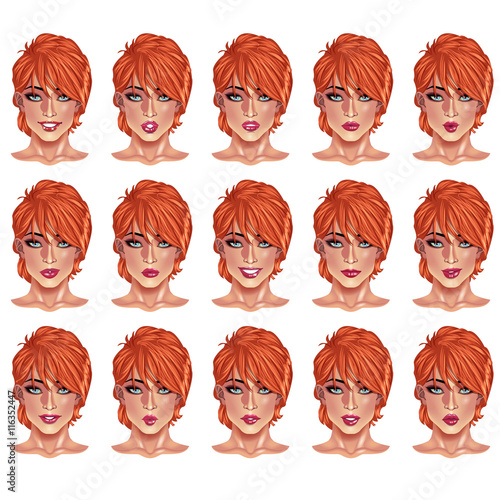 Set of beautiful red haired woman portraits with different lips and face expressions from smiling to serious. Use for avatars, logos, game characters, icons, signs, products, web decor or other design