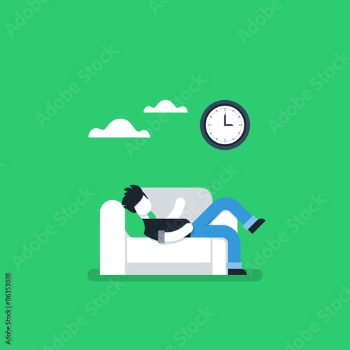 Procrastination concept, lazy man on sofa, couch potato, tired person, lying down on back, passive time spending