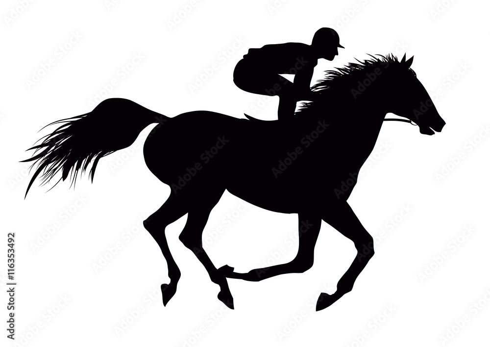 Vector illustration of jockey on running black horse