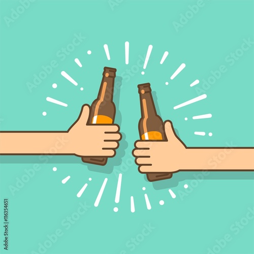 Beer party. Two hands holding the beer bottles. Vector illustration in flat style.