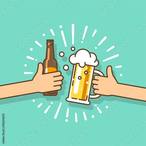 Beer festival. Two hands holding the beer bottle and beer glass. Vector illustration in flat style.