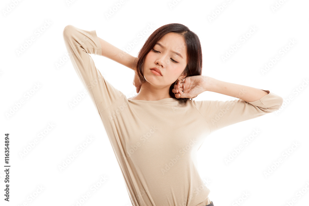 Sleepy young Asian woman yawn isolated on white background Sleepy young Asian woman yawn isolated on white background