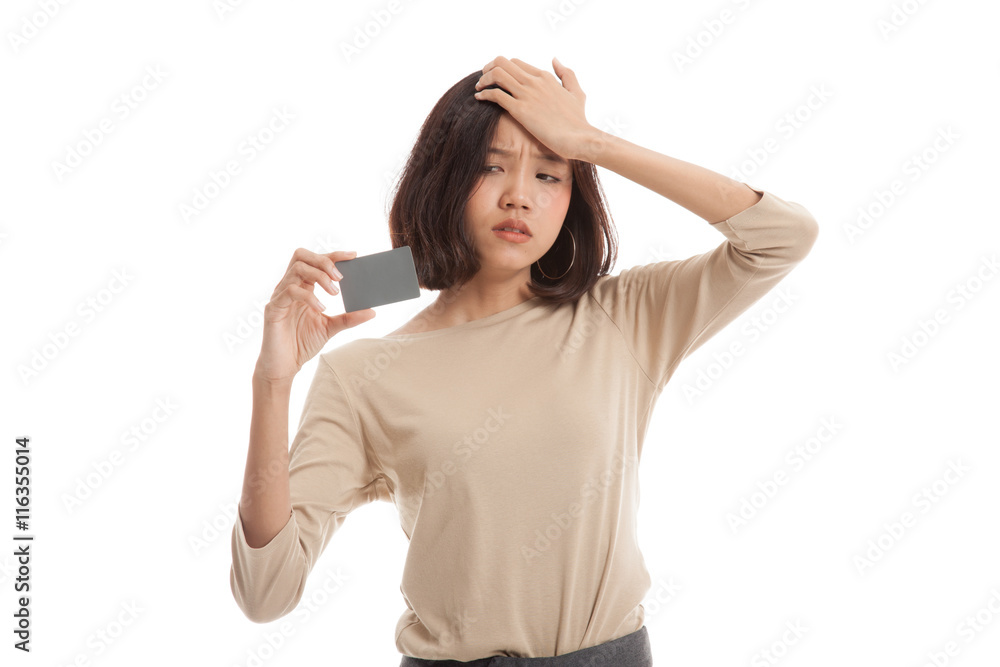 Young Asian business woman headache with a blank card isolated on white background Young Asian business woman headache with a blank card isolated on white background