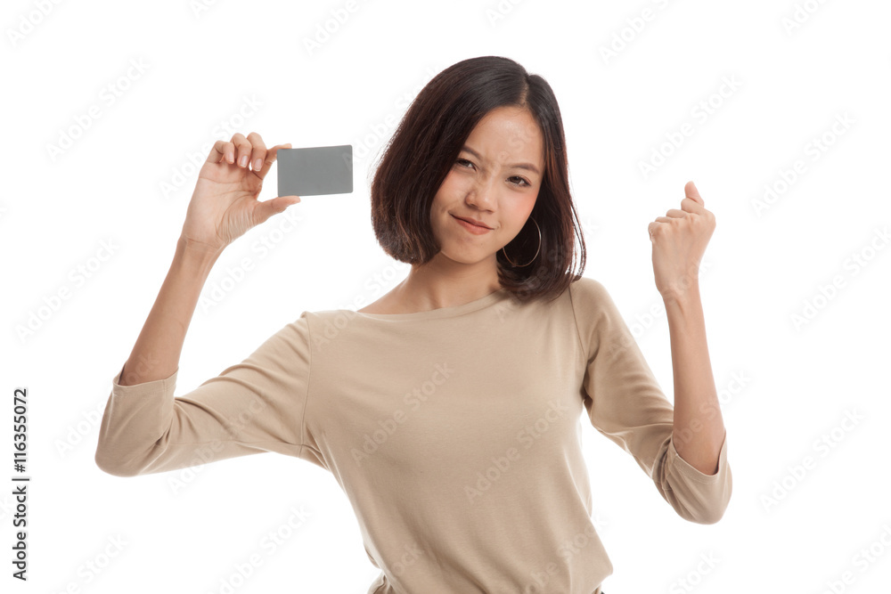 Young Asian business woman fist pump with blank card isolated on white background Young Asian business woman fist pump with blank card isolated on white background