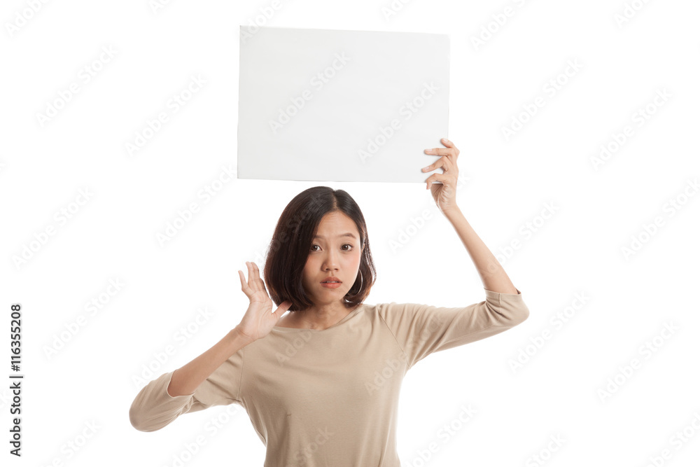 Young Asian business woman surprise with white blank sign isolated on white background Young Asian business woman surprise with white blank sign isolated on white background