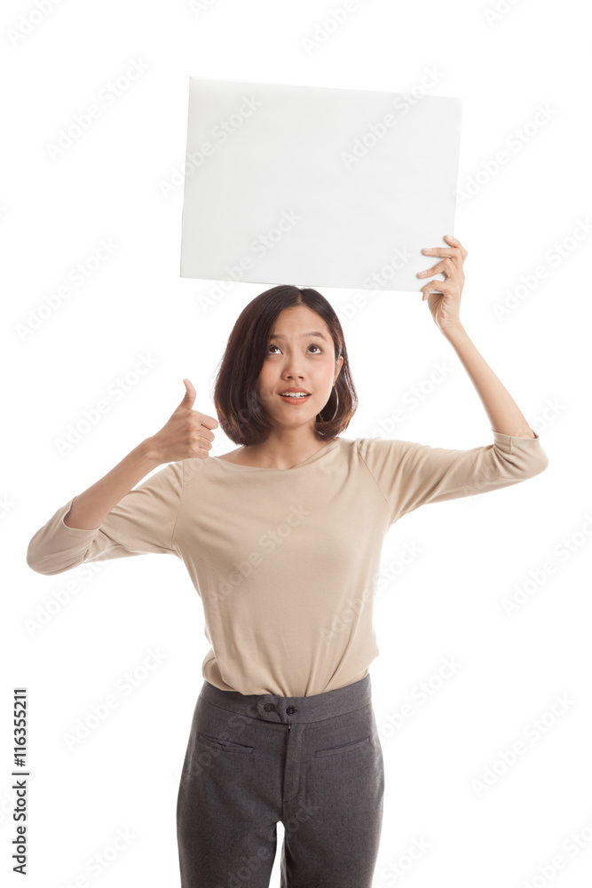 Young Asian business woman show thumbs up with white blank sign isolated on white background Young Asian business woman show thumbs up with white blank sign isolated on white background