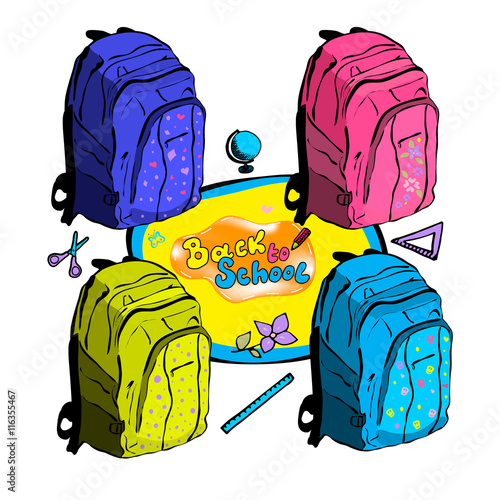 set of school backpacks, sketch pencil, ruler and scissors, Back to school