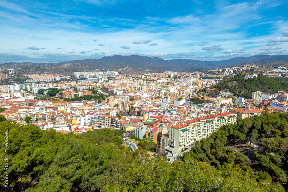 Panoramic view of Malaga city from the Gibralfaro Castle. Andalusia, Spain.