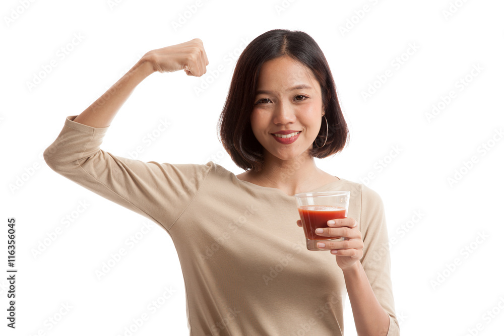 Strong healthy Asian woman with tomato juice  isolated on white background